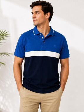BONIA Colorblock Polo Shirt XL Blue Navy White Cotton Blend Golf Casual